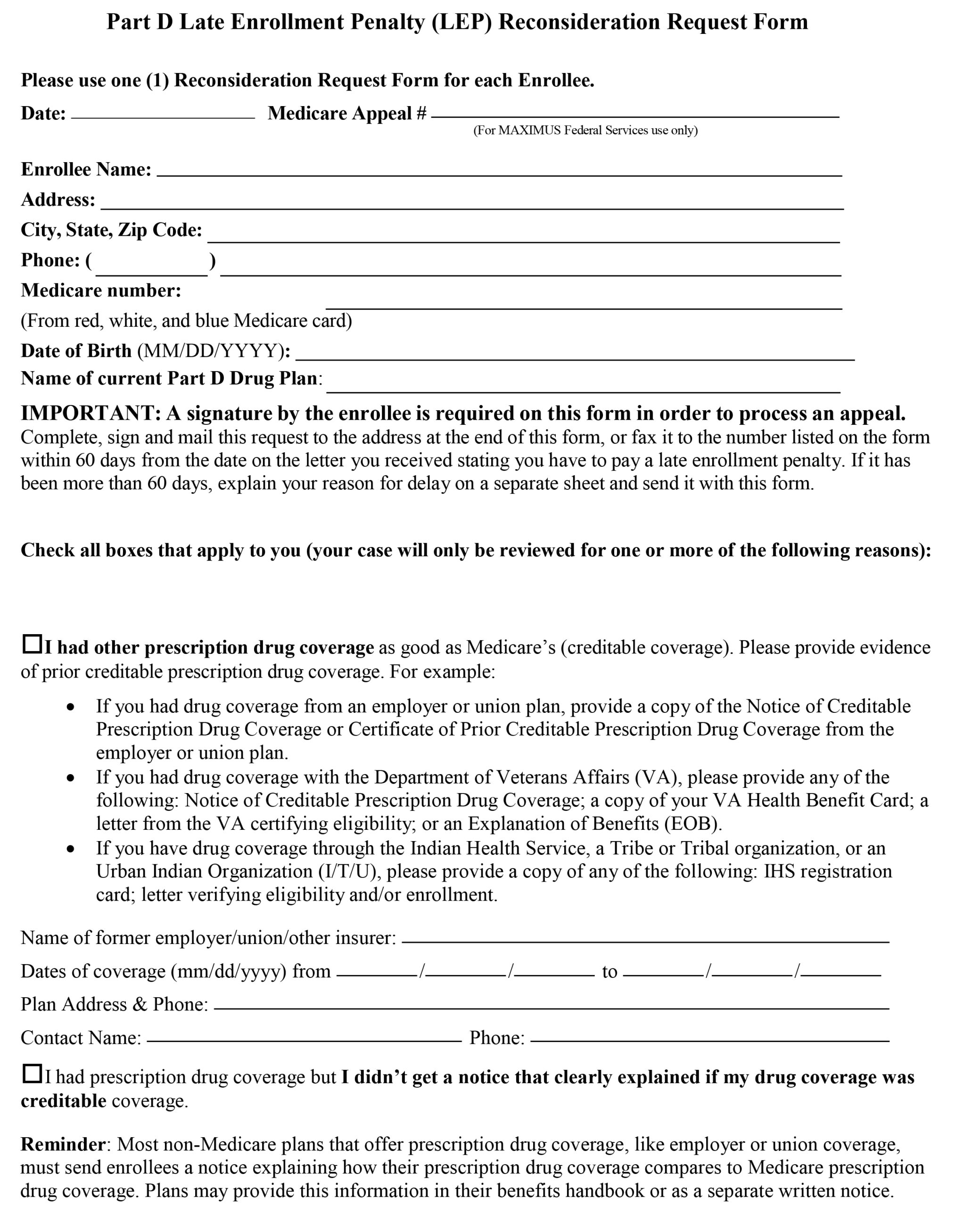 Part D Late Enrollment Penalty Reconsideration Request form